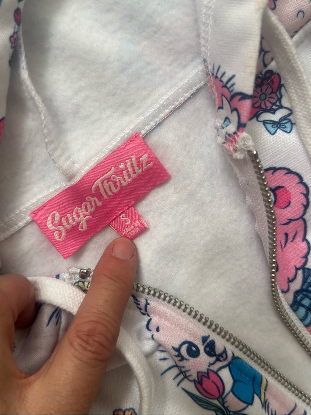 Sugar Thrillz White Hooded Zip-Up Pajama Top with Pastel Cartoon Characters - Picture 4 of 5